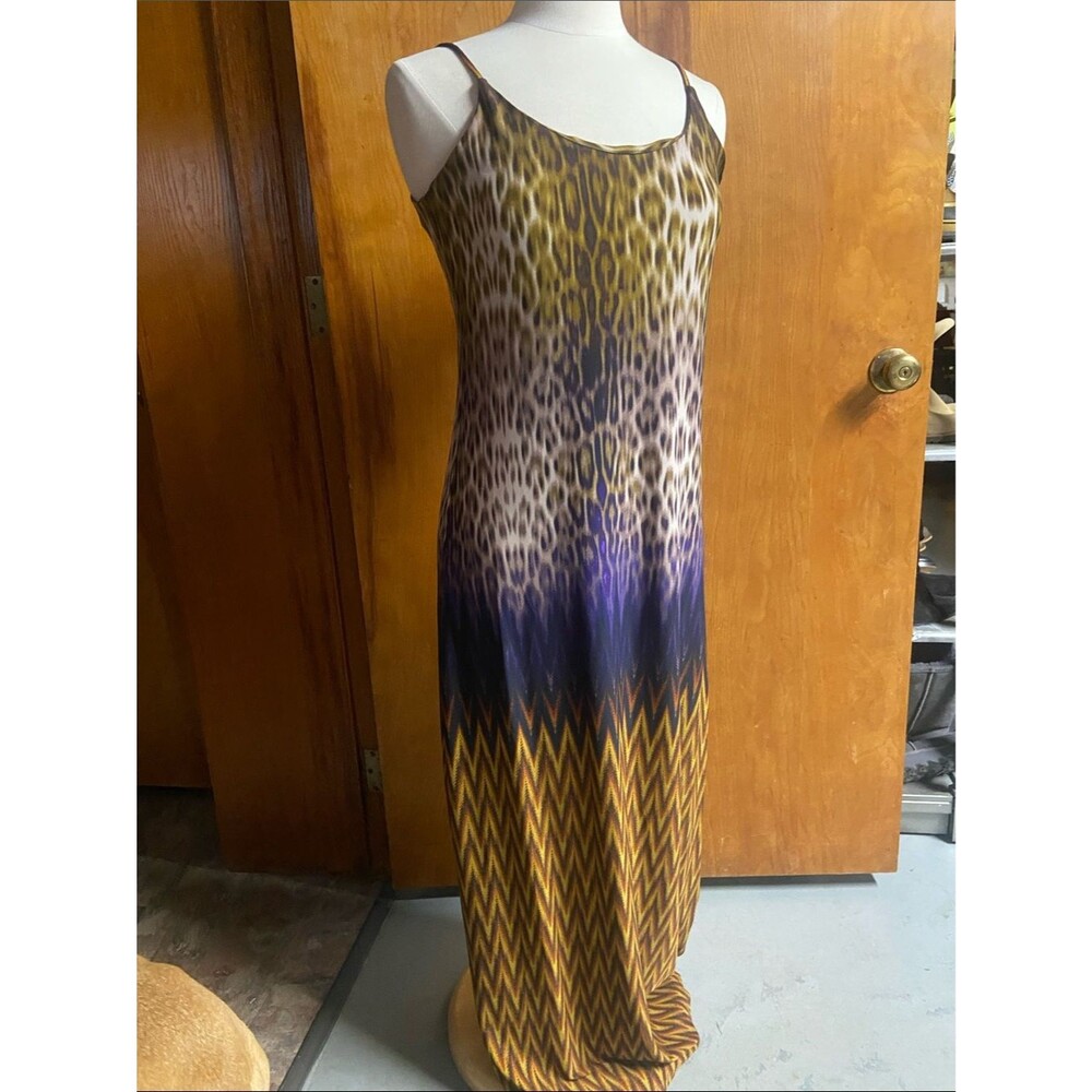 Sleeveless Ombre Leopard Chevron Print Maxi Dress in Gold & Purple M